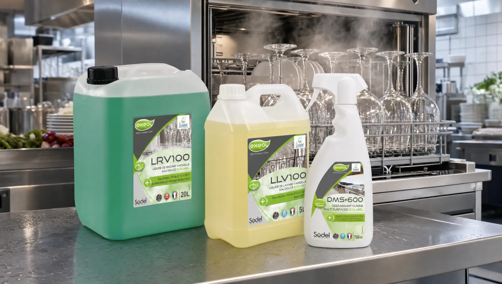 Ilustracja: preparaty do zmywarek gastronomicznych Exeol LRV 100 i LLV 100 w zmywalni restauracji
